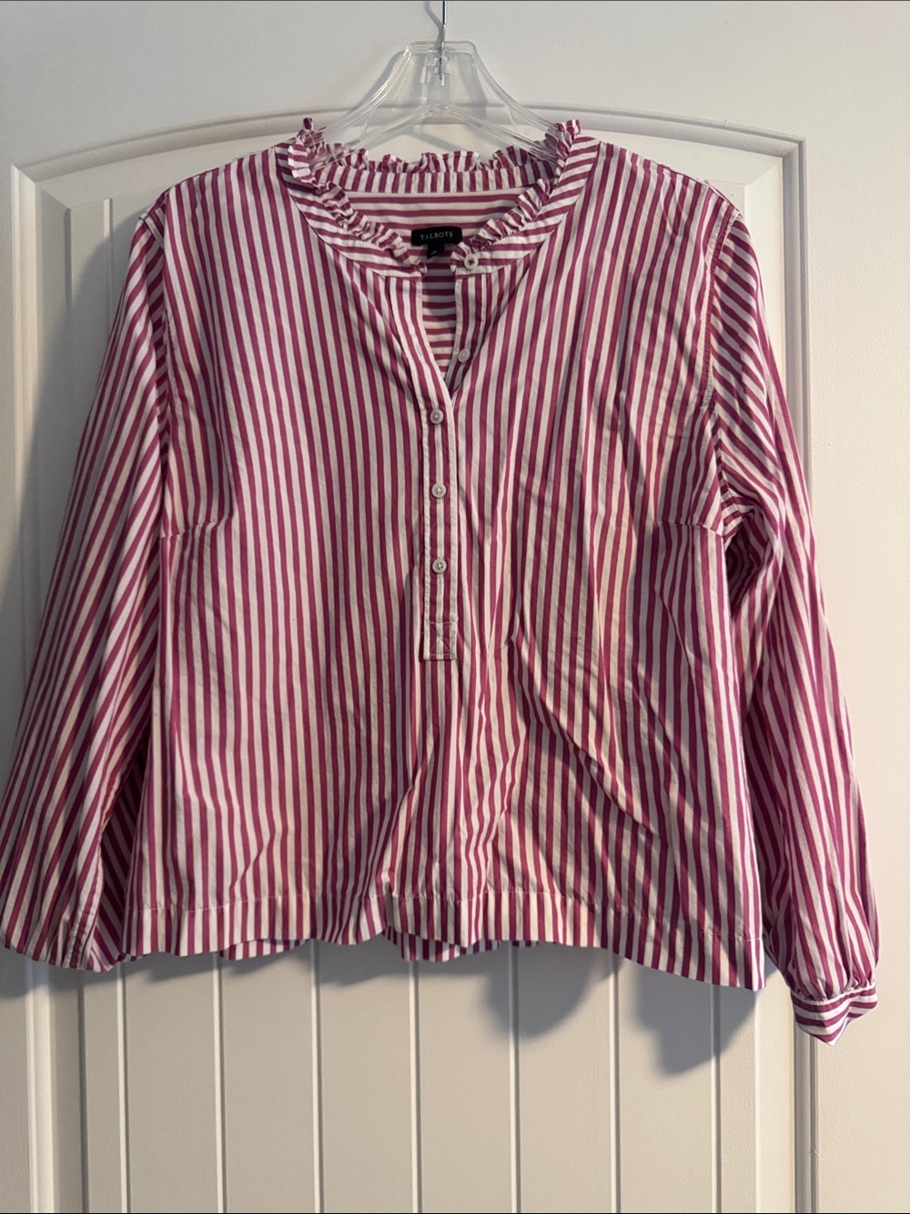 Talbots Pink and White Striped Ruffle-Collar Button-Down Top